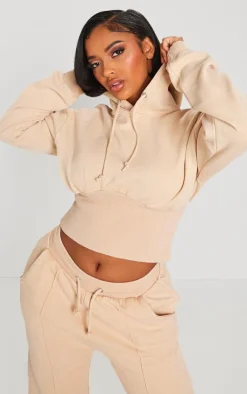 Hot PrettyLittleThing Shape Sweat Cropped Shirred Waist Hoodie Oatmeal