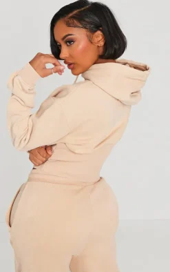 Hot PrettyLittleThing Shape Sweat Cropped Shirred Waist Hoodie Oatmeal