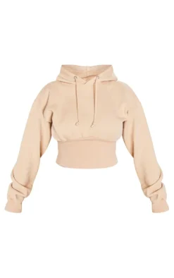 Hot PrettyLittleThing Shape Sweat Cropped Shirred Waist Hoodie Oatmeal