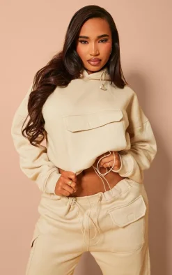 PrettyLittleThing Shape Toggle Waist Pocket Front Cropped Hoodie Oatmeal
