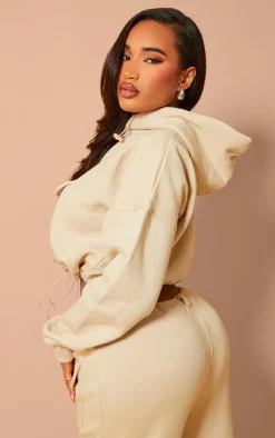 PrettyLittleThing Shape Toggle Waist Pocket Front Cropped Hoodie Oatmeal