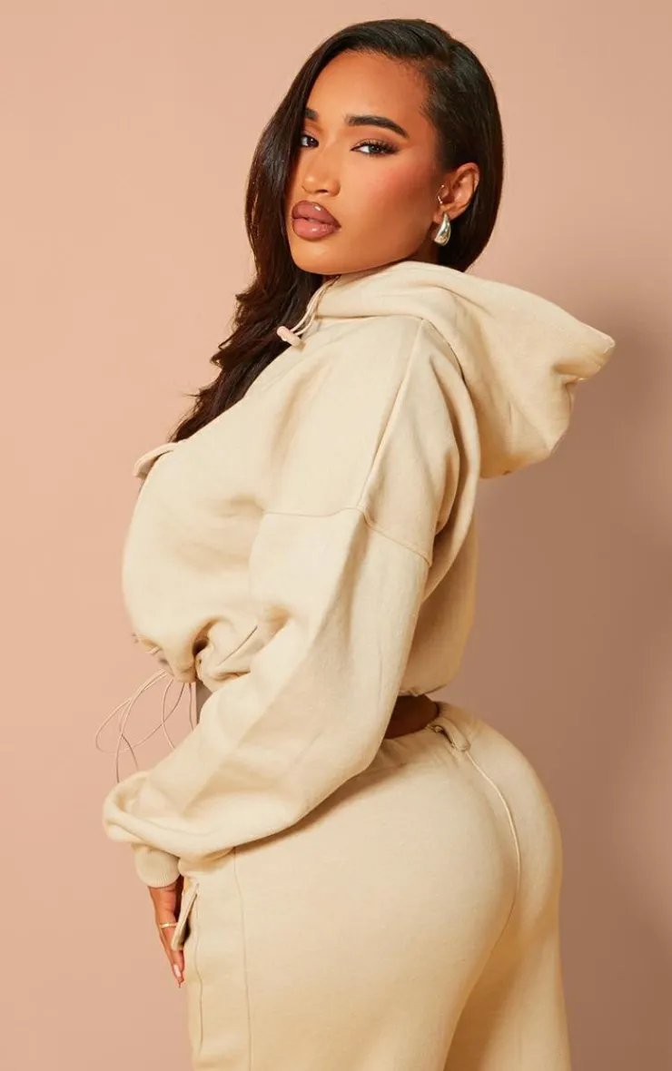 PrettyLittleThing Shape Toggle Waist Pocket Front Cropped Hoodie Oatmeal