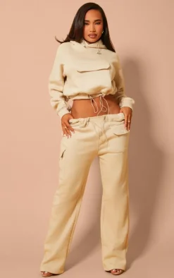 PrettyLittleThing Shape Toggle Waist Pocket Front Cropped Hoodie Oatmeal