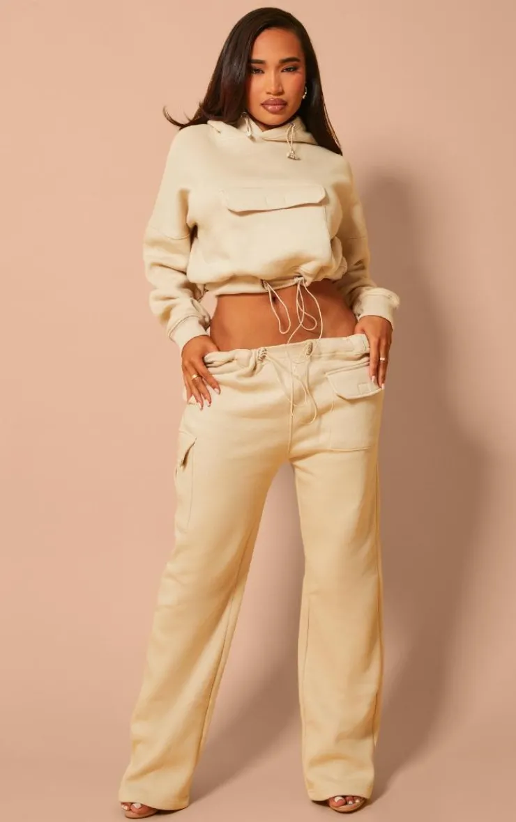 PrettyLittleThing Shape Toggle Waist Pocket Front Cropped Hoodie Oatmeal