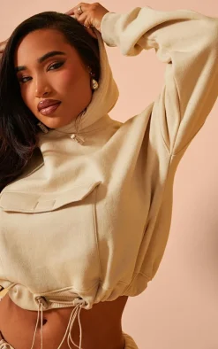 PrettyLittleThing Shape Toggle Waist Pocket Front Cropped Hoodie Oatmeal