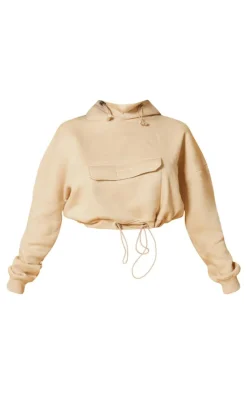 PrettyLittleThing Shape Toggle Waist Pocket Front Cropped Hoodie Oatmeal
