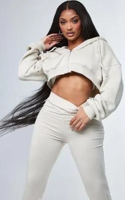 New PrettyLittleThing Shape Zip Front Long Sleeve Cropped Hoodie Oatmeal