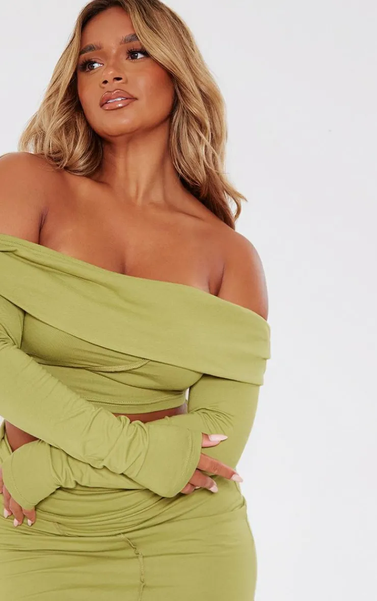 New PrettyLittleThing Shape Bardot Seam Detail Crop Top Olive