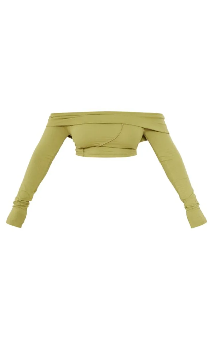 New PrettyLittleThing Shape Bardot Seam Detail Crop Top Olive