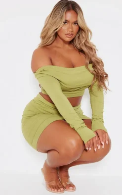 Clearance PrettyLittleThing Shape Bardot Seam Detail Foldover Crop Top Olive