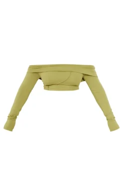 Clearance PrettyLittleThing Shape Bardot Seam Detail Foldover Crop Top Olive