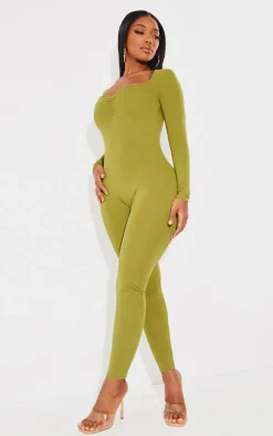 Shape Olive Contour Jersey Ruched Bust Long Sleeve Jumpsuit