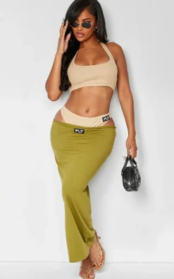 Discount PrettyLittleThing Shape Cotton Badge Panties Insert Maxi Skirt Olive