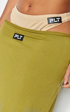 Discount PrettyLittleThing Shape Cotton Badge Panties Insert Maxi Skirt Olive