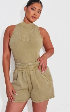 PrettyLittleThing Shape Cotton High Neck Sleeveless Bodysuit Olive