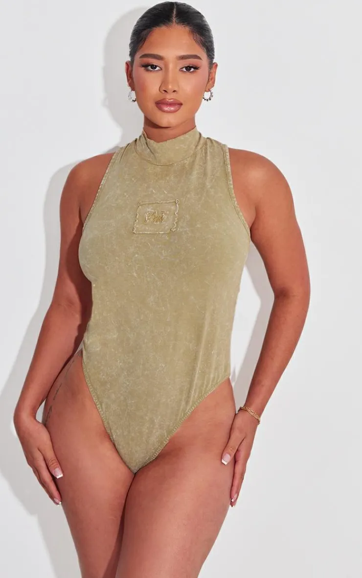 PrettyLittleThing Shape Cotton High Neck Sleeveless Bodysuit Olive