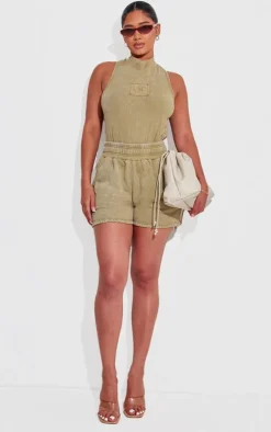 PrettyLittleThing Shape Cotton High Neck Sleeveless Bodysuit Olive