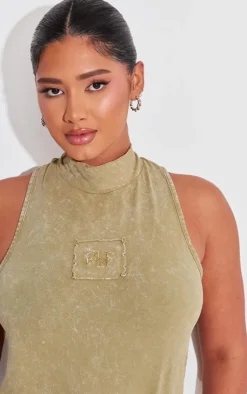 PrettyLittleThing Shape Cotton High Neck Sleeveless Bodysuit Olive