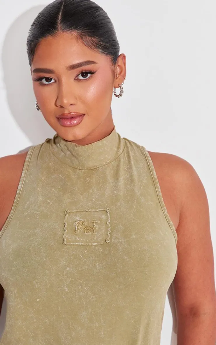 PrettyLittleThing Shape Cotton High Neck Sleeveless Bodysuit Olive