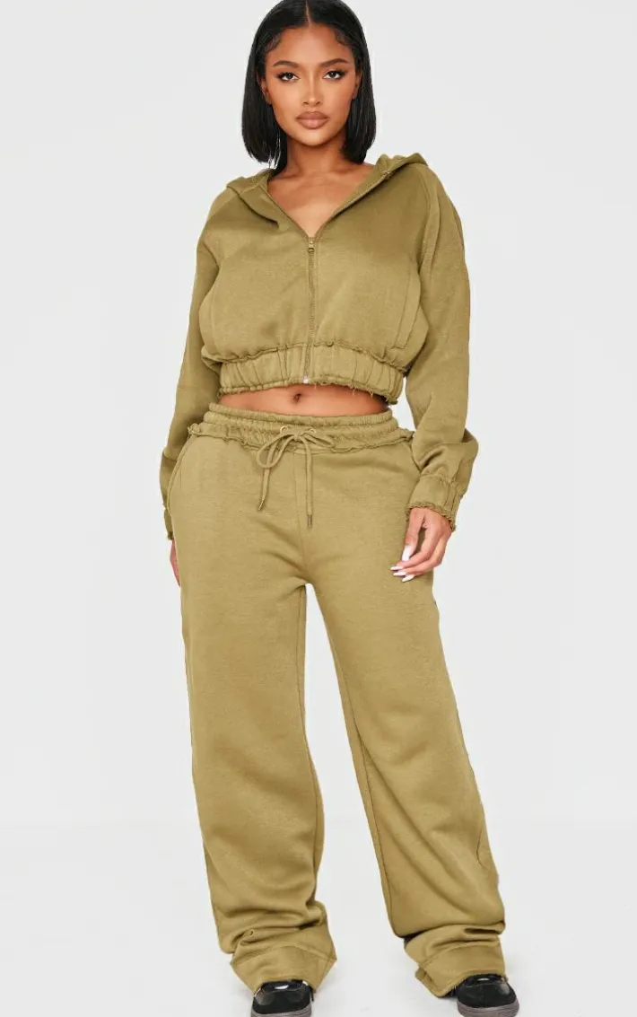 Shape Olive Distressed Elasticated Waistband Cropped Hoodie
