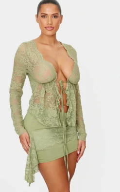 PrettyLittleThing Shape Drape Lace Side Mini Skirt Olive