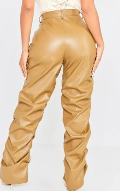 Shape Olive Faux Leather Ruched Detail Straight Leg Pants