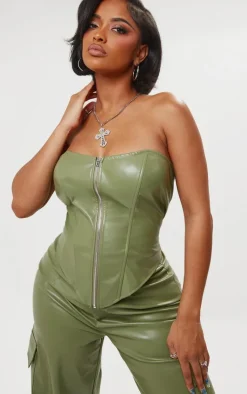 PrettyLittleThing Shape Faux Leather Zip Front Corset Olive