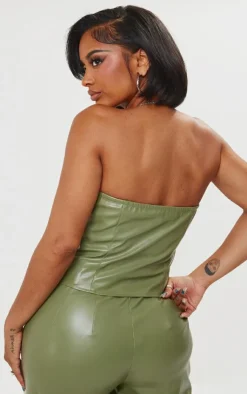 PrettyLittleThing Shape Faux Leather Zip Front Corset Olive