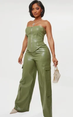 PrettyLittleThing Shape Faux Leather Zip Front Corset Olive