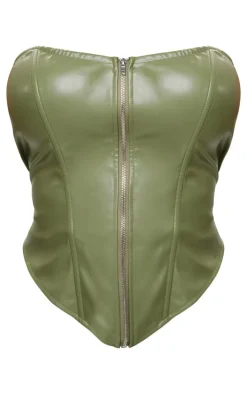 PrettyLittleThing Shape Faux Leather Zip Front Corset Olive