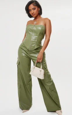New PrettyLittleThing Shape Faux Leather Straight Leg Cargo Pants Olive