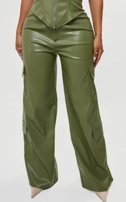 New PrettyLittleThing Shape Faux Leather Straight Leg Cargo Pants Olive