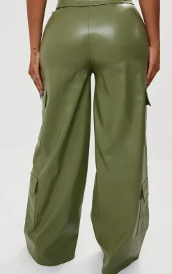 New PrettyLittleThing Shape Faux Leather Straight Leg Cargo Pants Olive