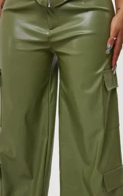 New PrettyLittleThing Shape Faux Leather Straight Leg Cargo Pants Olive