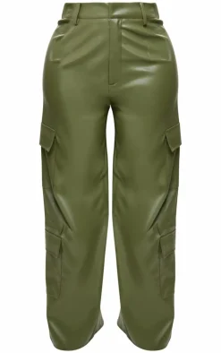 New PrettyLittleThing Shape Faux Leather Straight Leg Cargo Pants Olive