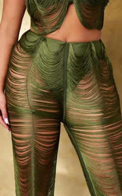 Sale PrettyLittleThing Shape Fringe Pants Olive