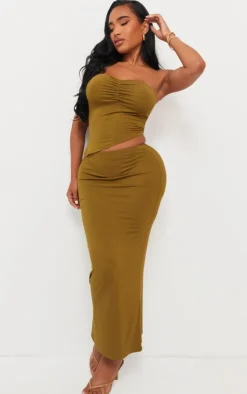 PrettyLittleThing Shape Jersey Asymmetric Waist Maxi Skirt Olive