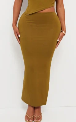 PrettyLittleThing Shape Jersey Asymmetric Waist Maxi Skirt Olive