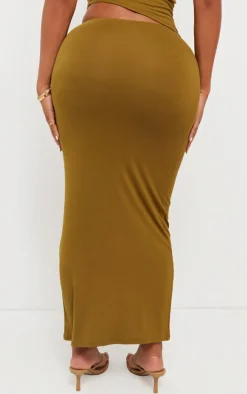 PrettyLittleThing Shape Jersey Asymmetric Waist Maxi Skirt Olive