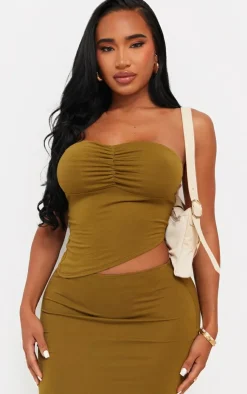 Clearance PrettyLittleThing Shape Jersey Bandeau Asymmetric Hem Top Olive