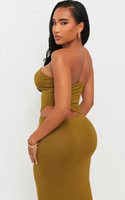 Clearance PrettyLittleThing Shape Jersey Bandeau Asymmetric Hem Top Olive