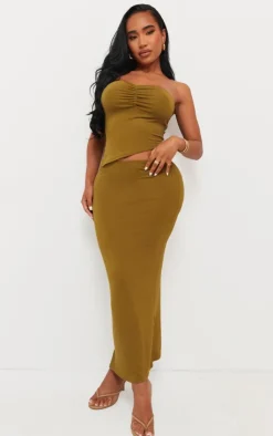 Clearance PrettyLittleThing Shape Jersey Bandeau Asymmetric Hem Top Olive
