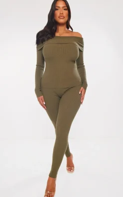 Online PrettyLittleThing Shape Knit High Waist Leggings Olive