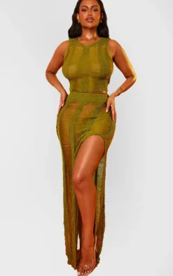 Hot PrettyLittleThing Shape Knit Ladder Maxi Skirt Olive