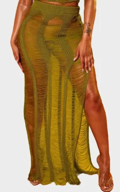 Hot PrettyLittleThing Shape Knit Ladder Maxi Skirt Olive