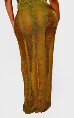 Hot PrettyLittleThing Shape Knit Ladder Maxi Skirt Olive