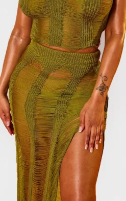 Hot PrettyLittleThing Shape Knit Ladder Maxi Skirt Olive