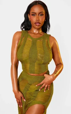Hot PrettyLittleThing Shape Knit Ladder Racer Neck Longline Top Olive