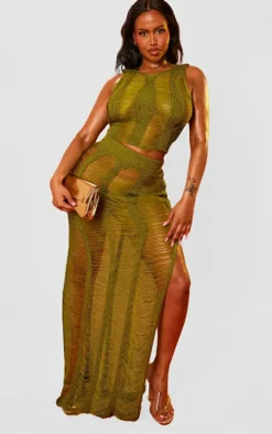 Hot PrettyLittleThing Shape Knit Ladder Racer Neck Longline Top Olive