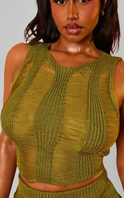 Hot PrettyLittleThing Shape Knit Ladder Racer Neck Longline Top Olive